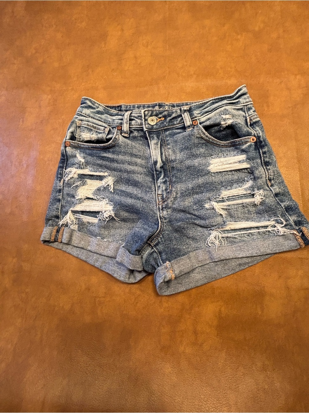 American Eagle Outfitters Distressed Rolled-Hem Denim Shorts - Blue